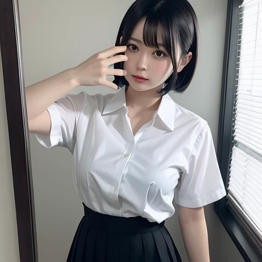 19 Japanese women, Short bob black hair,Beautiful breasts, Great ass,,White shirt,Black pleated skirt,White shirtから胸元が見えている, take a selfie in the mirror,Dimly lit room,Light is streaming in through the window