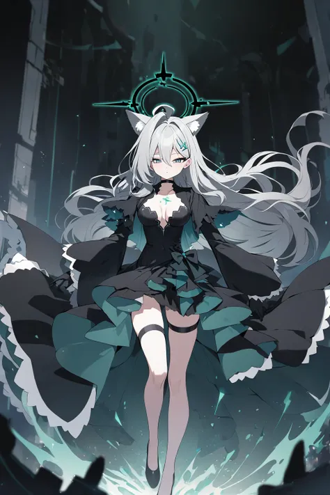 shiroko terror (blue archive),blue eyes,grey hair,hairclip,long hair,animal ears,halo,black choker,black capelet,black dress,wide sleeves,black gloves,thigh strap, black footwear