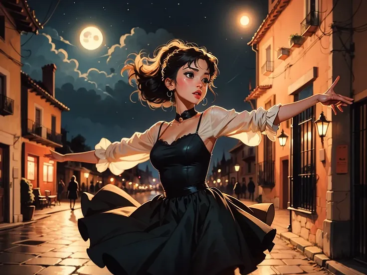 2D illustration, anime, Manga style ,Spain,Latin,Beautiful woman dancing in the moonlight at night outdoors ,