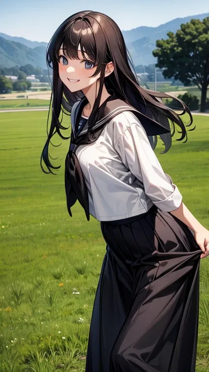 Adult features　tall　Medium Hair　smile　Country-style black sailor suit　Long skirt　Rural classroom