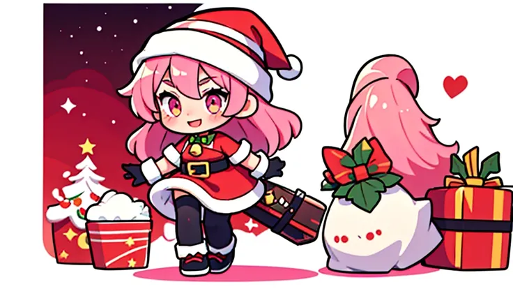 Masterpiece,1 girl, Serina,pink_hair, glove, black_glove, carry_trim, have, Santa Claus_Costume, Christmas, open_mouth, smile, bell, alone, red_hat, tights, white_background, pink_eyes, Santa Claus_have, 