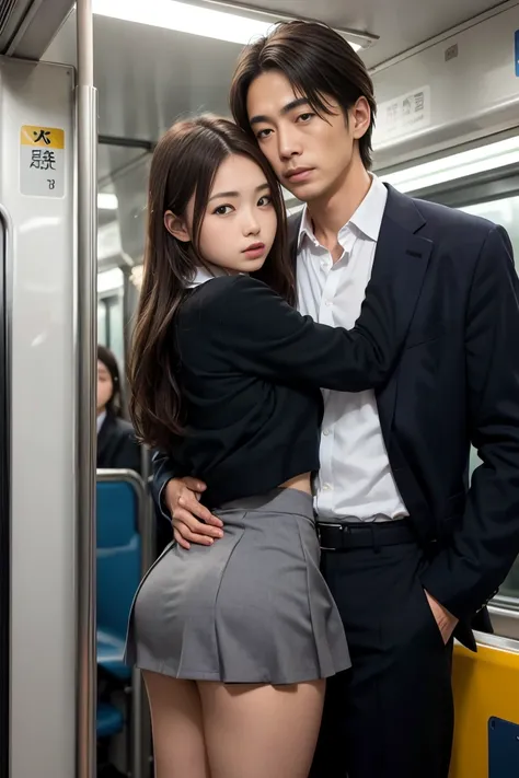 NSFW Viewer discretion advised, Crowded train, Japan , Handsome man hugging his girlfriend from behind, speak in her ear, Lift her up, Miniskirt twisted up, 40k, photograph, masterpiece, Highest quality, Dark Gray Background, 16 years old　((Japan girls hig...