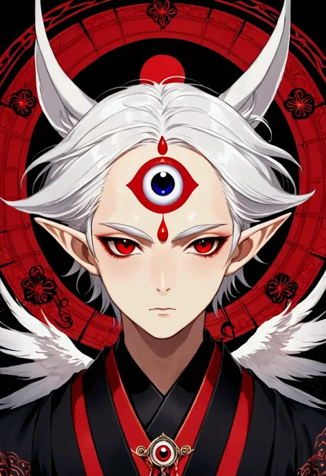 Japanese Anime，Gothic Art，(((1 Boy，独奏，third eye on the forehead，Dark eyeshadow.Middle-parted white hair-super short hair，Elf ears))),(((Gorgeous Japanese red kimono：1.6，Eye Diagram，Dark Pattern))).(((Thin waist，Greenbelt：1.37)))