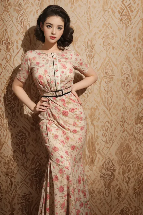 Beautiful woman wearing a retro 50s dress, Background with ancient patterns, model pose,