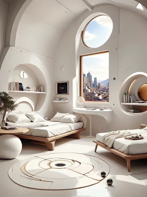 futuristic home bedroom study concept incorporates organic fluidity、circles and geometric shapes，use your artistic imagination t...