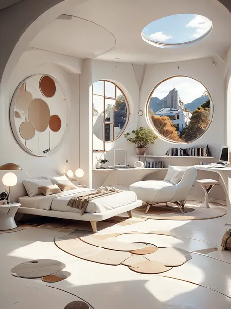 futuristic home bedroom study concept incorporates organic fluidity、circles and geometric shapes，use your artistic imagination t...