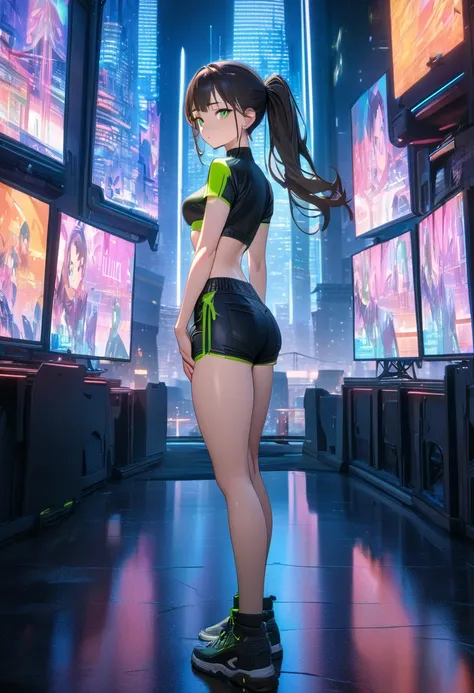 ((Best quality, 8K, masterpiece:1.5)), (anime style, ultra-detailed, vibrant colors:1.4),
1 anime girl, large expressive green eyes, long flowing dark hair tied in a ponytail,
slim waist, soft and kind facial expression,
camera angle from the side showing ...