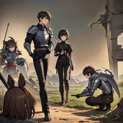 ((((盾をGet Ready))))、Best illustrations、Best Quality、(((Simple grey armor、Black trousers、Black gloves、Short Hair、Brown Hair、20 year old man、20 women)))、(((Grab the sword、Get Ready)))、(Old ruins、desert。Grass)、Fall to the floor、(Black, muddy swamp)、(仮面の中世の騎士が...