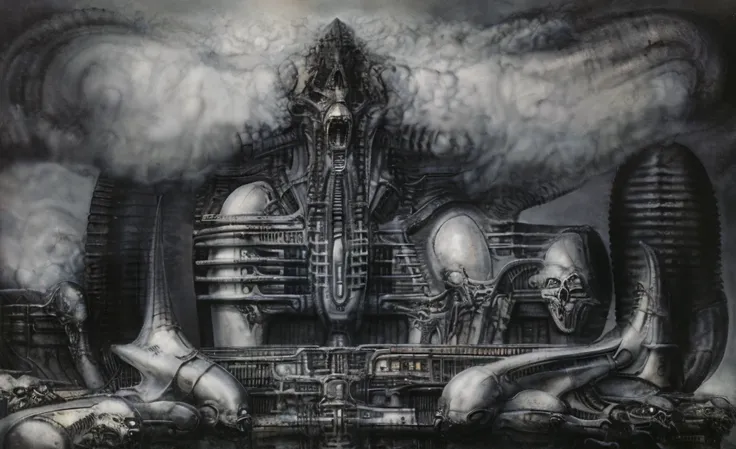 The image is a detailed view of H.R. Gigers biomechanical tableau " Landscape XVI " plate, featuring.
(airbrush painting, Gigers alien in front of broken alien ship in landscape, natural light, sharp focus, illustration, highly detailed, digital painting, ...