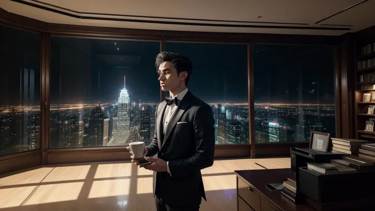 You see a powerful image of an entrepreneur, dressed elegantly, standing in front of a modern window with a panoramic view of a vibrant city at night. He is holding a cup of coffee, thoughtfully looking out, with a determined expression on his face. The ro...