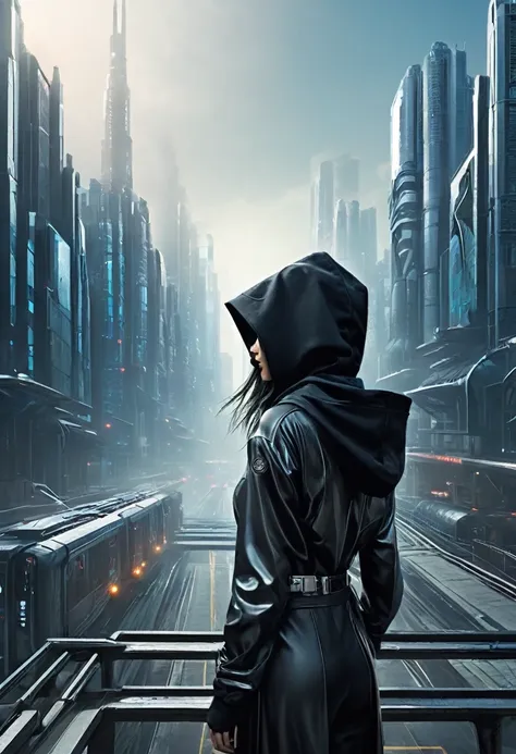 From the balcony of a futuristic building、Over-the-shoulder shot of a hooded girl with her back turned。, She is looking at an aerial photo of a futuristic North American metropolis, View of an entire city with many dark colored metal buildings and houses r...