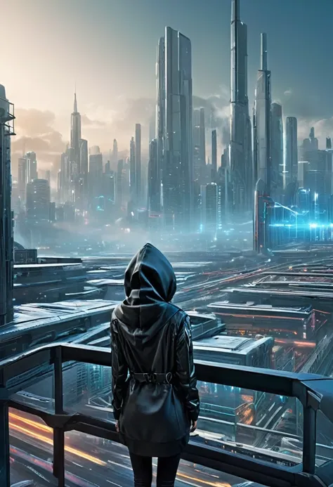 From the balcony of a futuristic building、Over-the-shoulder shot of a hooded girl with her back turned。, She is looking at an aerial photo of a futuristic North American metropolis, View of an entire city with many dark colored metal buildings and houses r...