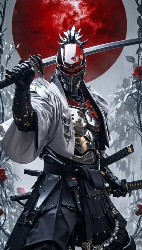 a man in his fifties wearing a black suit and holding a sword, cyborg samurai, cyber japan samurai armor, cyberpunk samurai, ver...