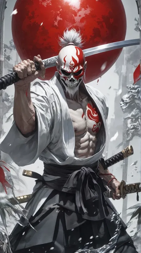 Depicts a skeleton warrior wearing a red samurai-style suit、Create ultra-detailed 4K resolution digital artwork。. The artwork is、We need to paint a portrait of the determined faces of warriors at street level.。. Lighting should be dynamic, Highlight the in...