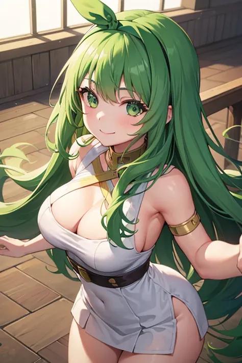 1girl, solo, long hair, breasts, smile, bangs, green eyes, hairband, green hair, official alternate costume