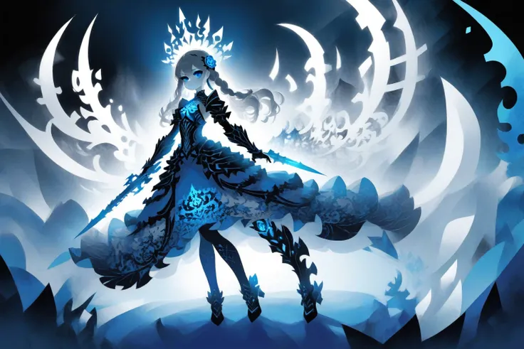 One girl, (Monochrome:1.4), Blue Theme, whole body, fractal, dress, Have a weapon