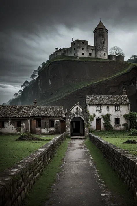 A quiet village with a dark and eerie atmosphere. In the distance, an old, dilapidated fort stands ominously.