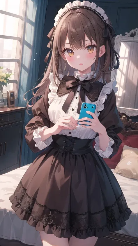 (8k, best quality, master piece: 1.2),super high resolution,1 girl, 独奏, cowboy shot ,ultra-detailed face, Selfie、Reflection in the mirror、Gothic Lolita、semi-long、Brown、Private room、bed、