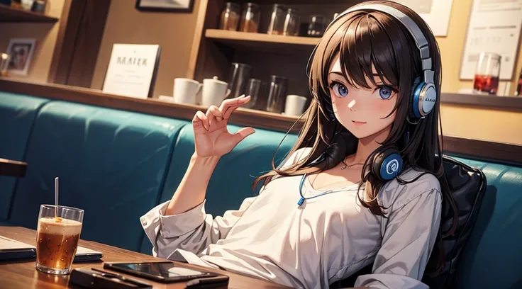 Girl with headphones enjoying music in a cafe　I am studying　Emphasize a little bit of the chest