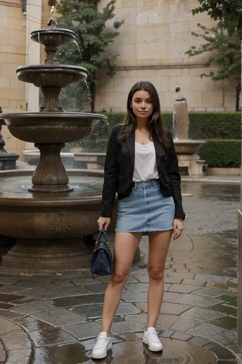 Young woman of European descent, 28 years, standing near a fountain on the street. She&#39;s wearing summer clothes: light blouse and shorts. The camera is located at some distance, capturing her completely and the fountain in the background. Her facial fe...