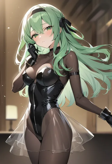 One girl, alone, Long Hair, chest, View your viewers, bangs, skirt, gloves, Long sleeve, ribbon, Hair between the eyes, Mouth closed, Green Eyes, hair ribbon, pantyhose, Cowboy Shot, hair band, , Green Hair, black gloves, see-through skirt, leotard, black ...