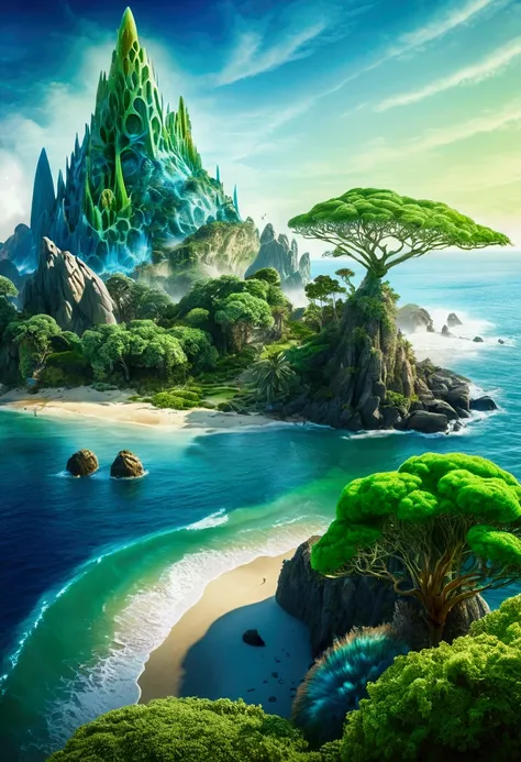 (Mysterious Island), reaching the critical point of blue shown as green fractal shapes blending together, in Ethereal Watercolor style, with dreamy washes, award-winning, cinematic still, emotional, vignette, dynamic, vivid, (masterpiece, best quality, Pro...