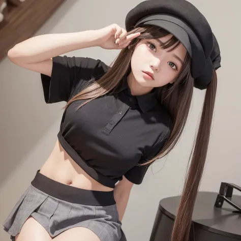 a woman with long hair and a hat holding a shirt,  open mouth, bangs, skirt, brown hair, bow, navel,  blue hair, white shirt, short sleeves, multicolored hair, pleated skirt,  collared shirt, black skirt, stomach, clothes lift, hair over one eye, two-tone ...