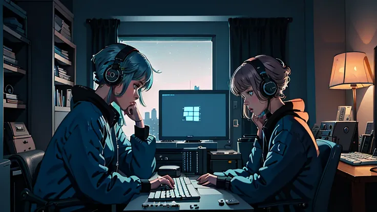 lofistudy,lofi , One girl, From the side, typing, blue head, blue eyes, Chair, computer, Headphones, indoor, keyboard_(computer), Laptop, monitor, computer, curtain, night, window, Milan background