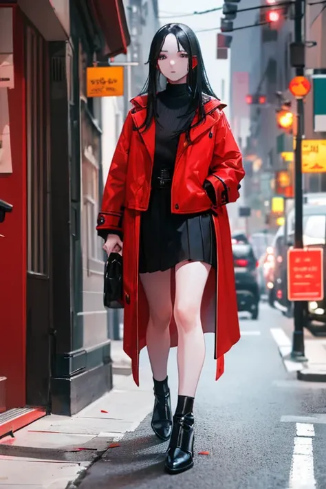 a beautiful young woman with long,flowing black hair standing in a city street, her arms behind her back, wearing a long black skirt and a red coat, with highly detailed and realistic facial features, masterpiece, 8k, photorealistic, professional, vivid co...