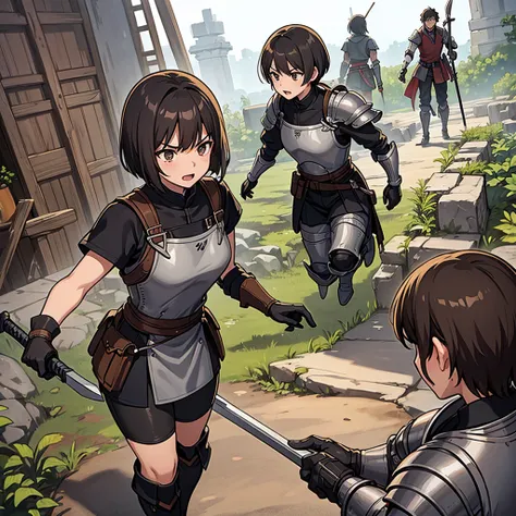 ((((盾をGet Ready))))、Best illustrations、Best Quality、(((Simple grey armor、Black trousers、Black gloves、Short Hair、Brown Hair、20 year old man、20 women)))、(((Grab the sword、Get Ready)))、(Old ruins、desert。Grass)、Fall to the floor、(Black, muddy swamp)、(仮面の中世の騎士が...