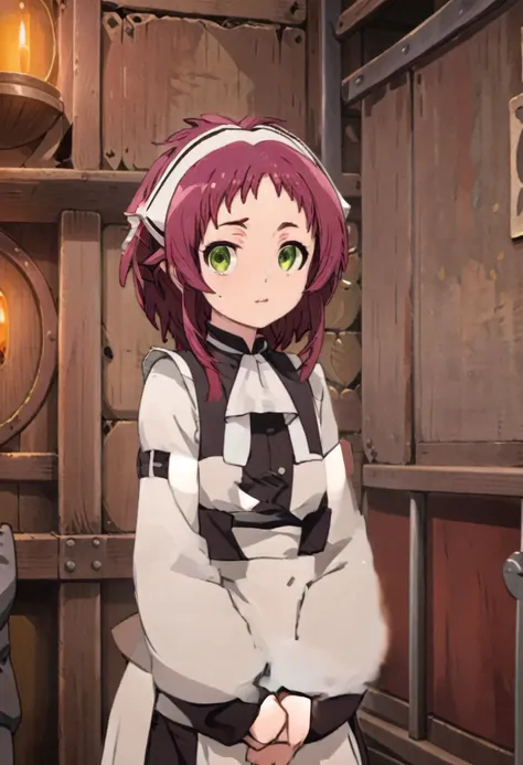 NSFW，1 8-year-old girl, (Aisha Greyrat), Standing in a medieval tavern and looking at the viewer,  Her face is fine and smooth, Her eyes are super small, masterpiece,
Long sleeve, dress, Green Eyes, Redhead, hair band, apron, Maid, white hair band, skirt l...