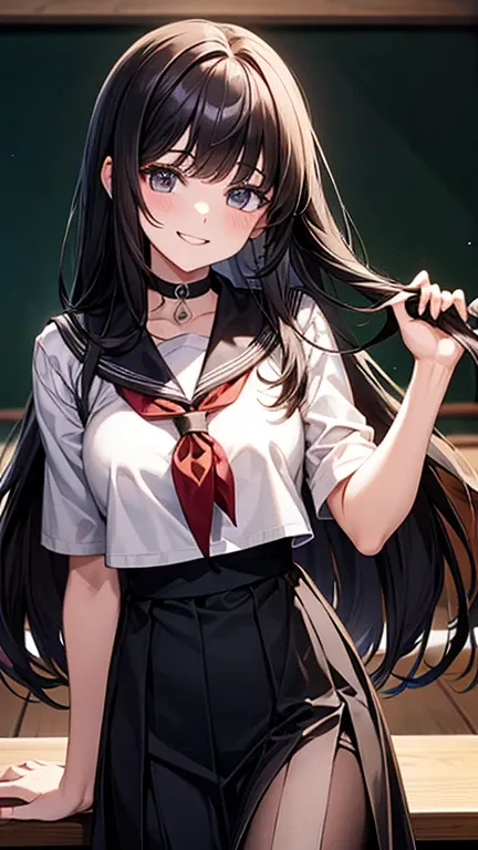 Adult features　Straight Long Hair　Shorn bangs　smile　Black Sailor Suit　stand　Nagoya collar　Long skirt　Rural classroom　Student Council President　Friendly atmosphere