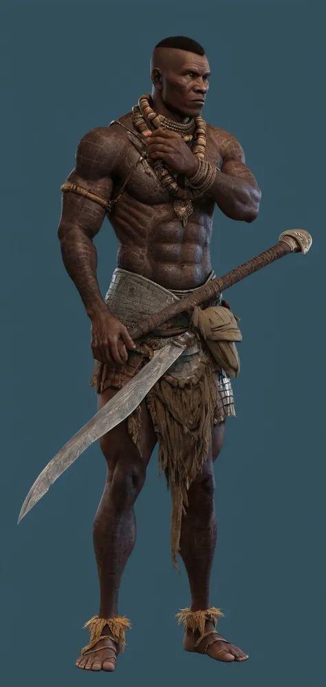  tribo Karo, african warrior, crocodile scars, rustic combat machete on the waist: ultra realistic and detailed image