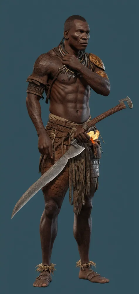  tribo Karo, african warrior, crocodile scars, rustic combat machete on the waist: ultra realistic and detailed image