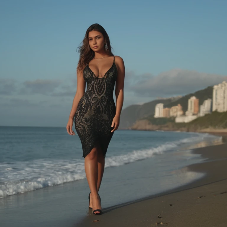 magnificent young Brazilian women, at the sea, wearing a dress and stiletto heels, full body, big big breasts, beautiful face, masterpiece, best quality, ultra-detailed, solo, shadow, contrast, cinematographic light, lighting lateral, ultra high resolution...