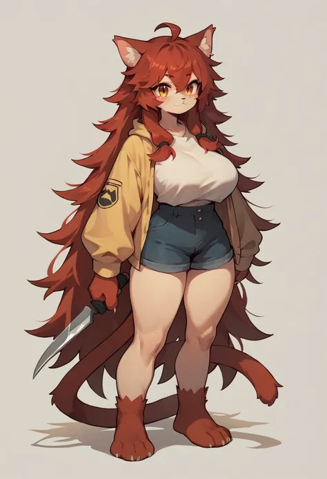 Cat Girl,JK,Larger breasts,Very long hair,The tail is very big and long,Cat ear,hairy,Red Hair,Cute appearance,A sickle and hammer hung around his neck.Big Paws,Standing posture.thigh,Red hair,Solid color background