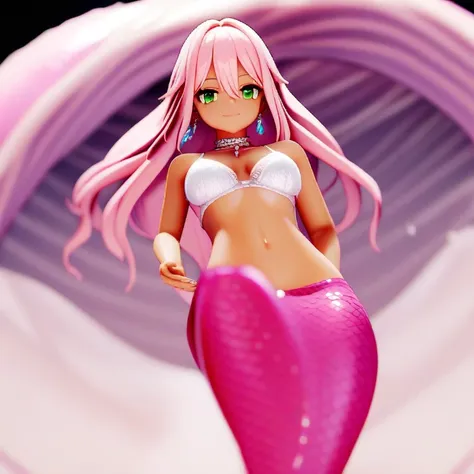 mermaid, mermaid tail below waistline, long pink mermaid tail, mmd,(masterpiece, best quality:1.2)1girl,solo,dark skin, green eyes,long hair, white hail, jewelry,earrings,looking at viewer,bra,bangs,hair between eyes,smile, full body, underwater seq, 