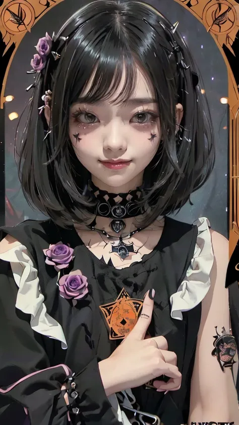 Realistic、A delicate and detailed masterpiece、Highest quality、Highest quality、(Tarot card style:1.3)、Purple Rose Background、One Woman、Upper body photo、(Gothic punk outfit:1.3)、(Black Hair、Hime cut, Long Hair:1.2)、Natural Makeup、Eyelash extensions、Draw eyel...