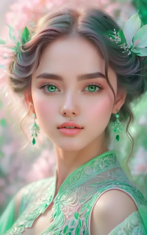 (best quality, 4K, 8K, high-resolution, masterpiece), ultra-detailed, colorful pastel, beautiful young woman, digital art, detailed facial features, light pink tones, emerald tones, charming character illustrations, soft focus, intricate design, gentle exp...