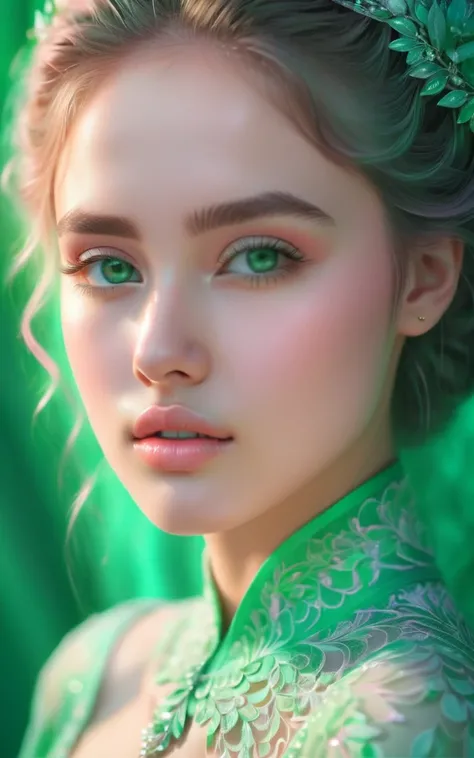 (best quality, 4K, 8K, high-resolution, masterpiece), ultra-detailed, colorful pastel, beautiful young woman, digital art, detailed facial features, light pink tones, emerald tones, charming character illustrations, soft focus, intricate design, gentle exp...