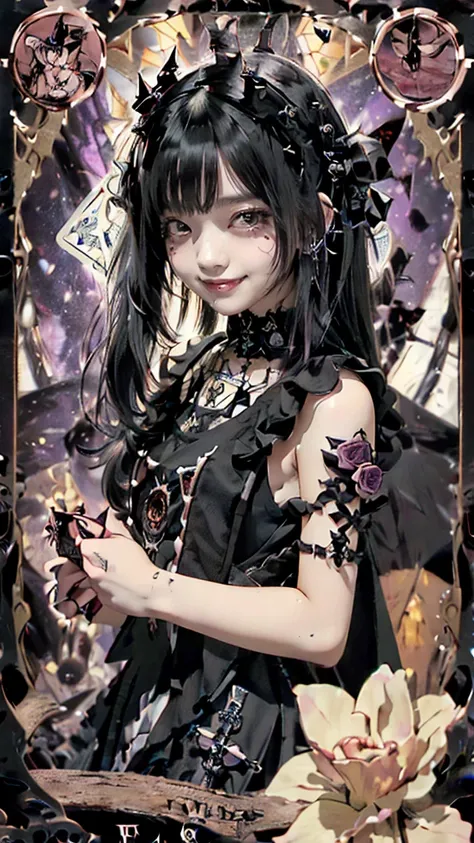 Realistic、A delicate and detailed masterpiece、Highest quality、Highest quality、(Tarot card style:1.3)、Purple Rose Background、One Woman、Upper body photo、(Gothic punk outfit:1.3)、(Black Hair、Hime cut, Long Hair:1.2)、Natural Makeup、Eyelash extensions、Draw eyel...