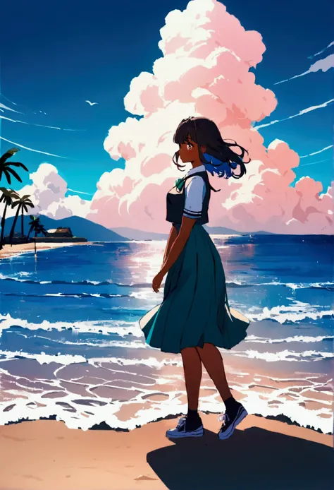 1 girl, (dark skinned:1.2), school girl, beach background, modern anime style