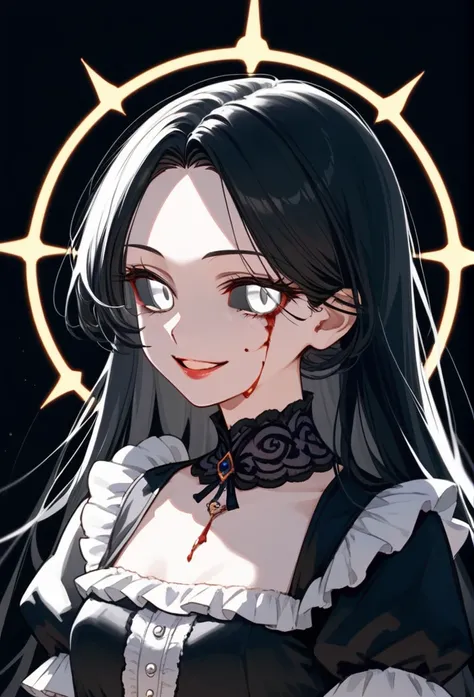 masterpiece, zoom out, score_9, score_8_up, score_7_up, portrait, 1girl, solo, black hair, long hair, parted bangs, white eyes, black sclera, (blood tears, small smile), evil, parted lips, innexpressive, small breasts, upper body, victorian fashion, black ...