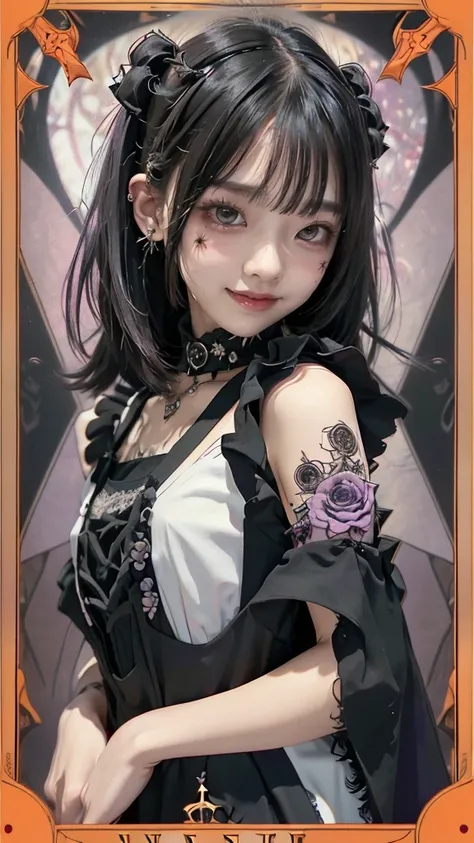 Realistic、A delicate and detailed masterpiece、Highest quality、Highest quality、(Tarot card style:1.3)、Purple Rose Background、One Woman、Upper body photo、(Gothic punk outfit:1.3)、(Black Hair、Hime cut, Long Hair:1.2)、Natural Makeup、Eyelash extensions、Draw eyel...