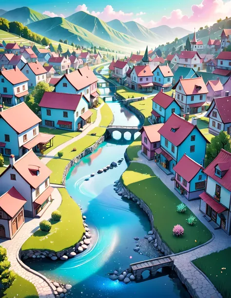 scenery of rural town with miniature river running through it, glitter effect, pastel color effect, fantasy art, conceptual installation art, 2.5D, delicate and dynamic