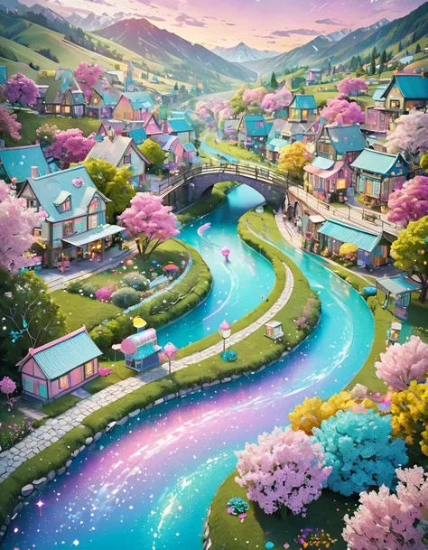 scenery of rural town with miniature river running through it, glitter effect, pastel color effect, fantasy art, conceptual installation art, 2.5D, delicate and dynamic