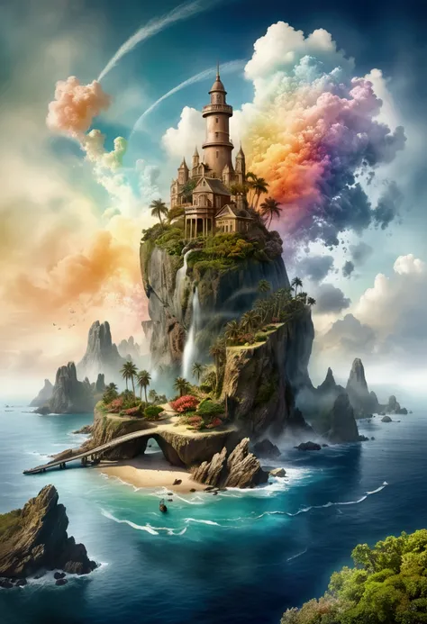 (Mysterious Island), reaching the critical point of Advanced color shown as fractal shapes blending together, in Ethereal Watercolor style, with dreamy washes, award-winning, cinematic still, emotional, vignette, dynamic, vivid, (masterpiece, best quality,...