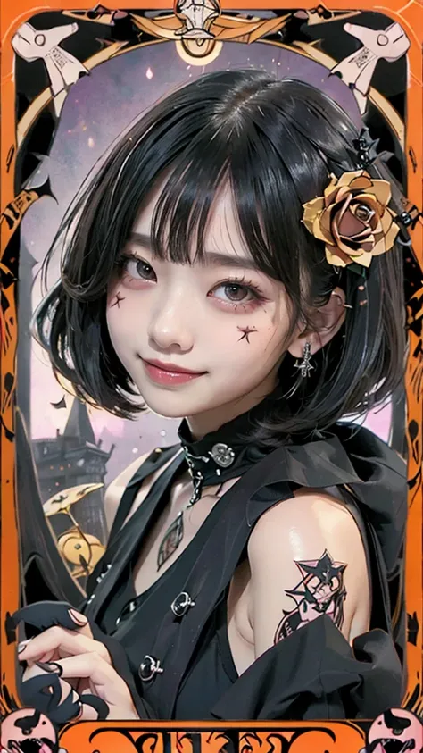 Realistic、A delicate and detailed masterpiece、Highest quality、Highest quality、(Tarot card style:1.3)、Purple Rose Background、One Woman、Upper body photo、(Gothic punk outfit:1.3)、(Black Hair、Hime cut, Long Hair:1.2)、Natural Makeup、Eyelash extensions、Draw eyel...