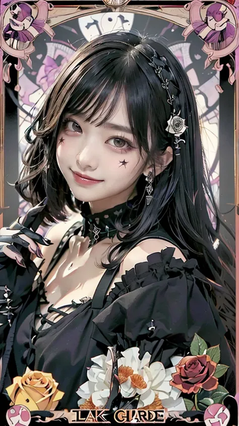 Realistic、A delicate and detailed masterpiece、Highest quality、Highest quality、(Tarot card style:1.3)、Purple Rose Background、One Woman、Upper body photo、(Gothic punk outfit:1.3)、(Black Hair、Hime cut, Long Hair:1.2)、Natural Makeup、Eyelash extensions、Draw eyel...