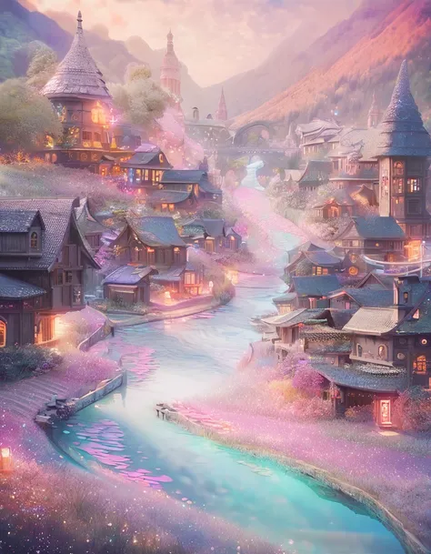 scenery of rural town with miniature river running through it, glitter effect, pastel color effect, fantasy art, conceptual installation art, 2.5D, delicate and dynamic